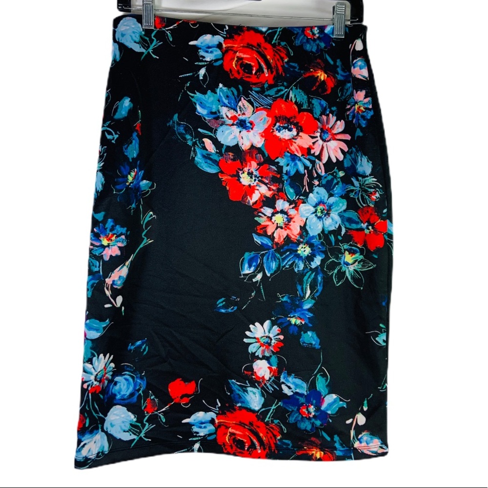 Betsey Johnson Black Pencil Skirt with Red, Blue & Pink Floral Print